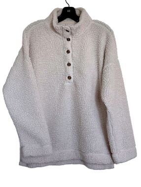 Aerie Women’s Sherpa Fleece Oversized Pullover Cream Button Neck Cozy Sweater- M